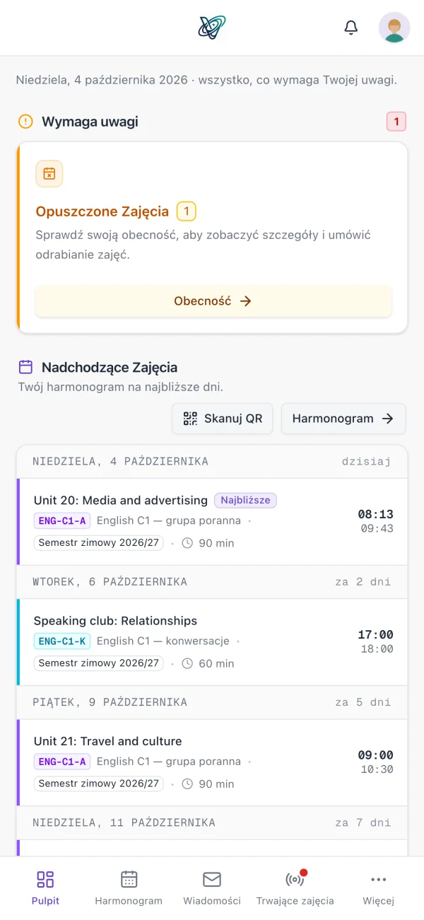 Pulpit studenta w aplikacji VerseLMS: plan zajęć i zadania