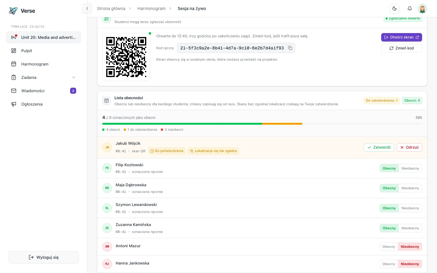 Lista obecności nauczyciela w VerseLMS z obecnością kodem QR