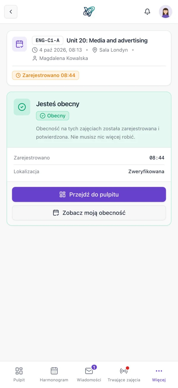 Obecność potwierdzona kodem QR w aplikacji VerseLMS
